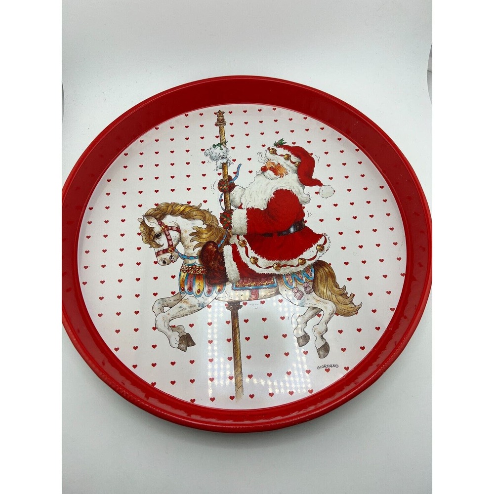 1992 Giordano Christmas Tin Platter Plate‎ Santa & Horse Design